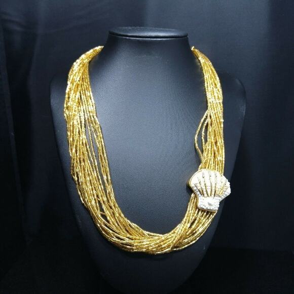Vintage Talbots Gold Glass Bugle Beaded Necklace White Bead Shell Side Pendant - Picture 8 of 8